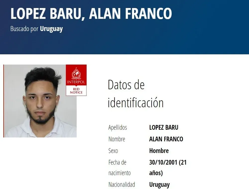 Ficha en Interpol de Alan Franco López, el barra de Nacional detenido este miércoles