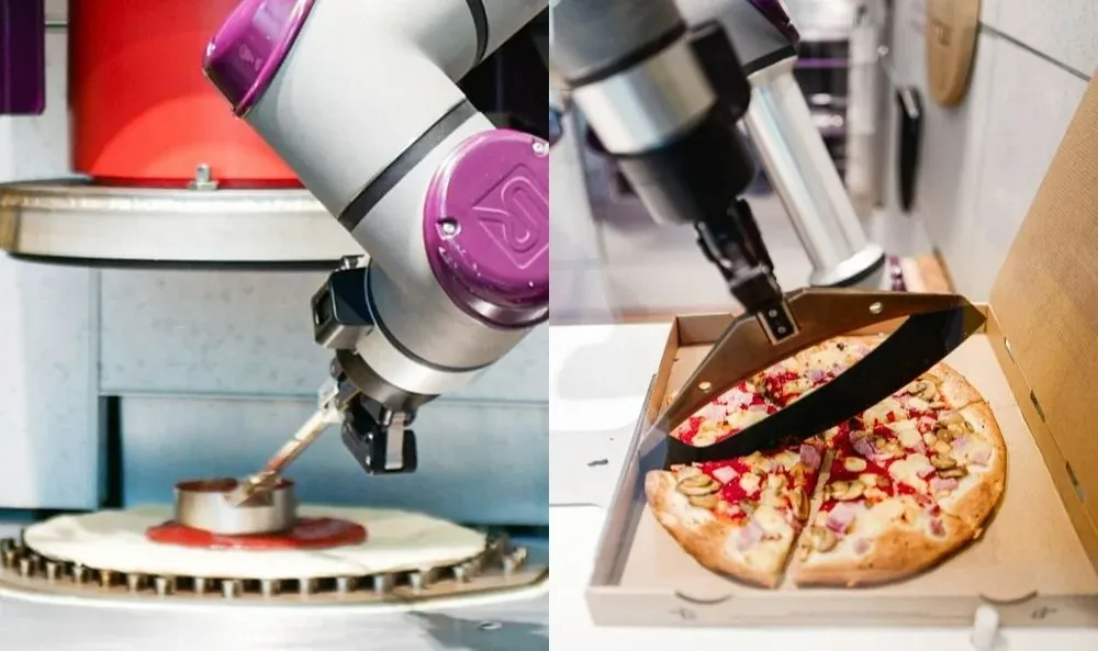 El robot cuenta con un sistema para colocar la salsa y cuchillas para cortar cada uno de los pedazos antes de entregarlos.