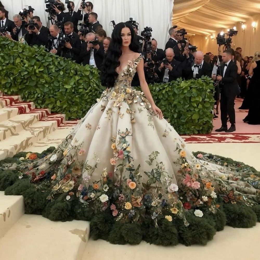 La primera imagen creada por IA de Katy Perry en la Met Gala la muestra con un vestido floreado de corte princesa