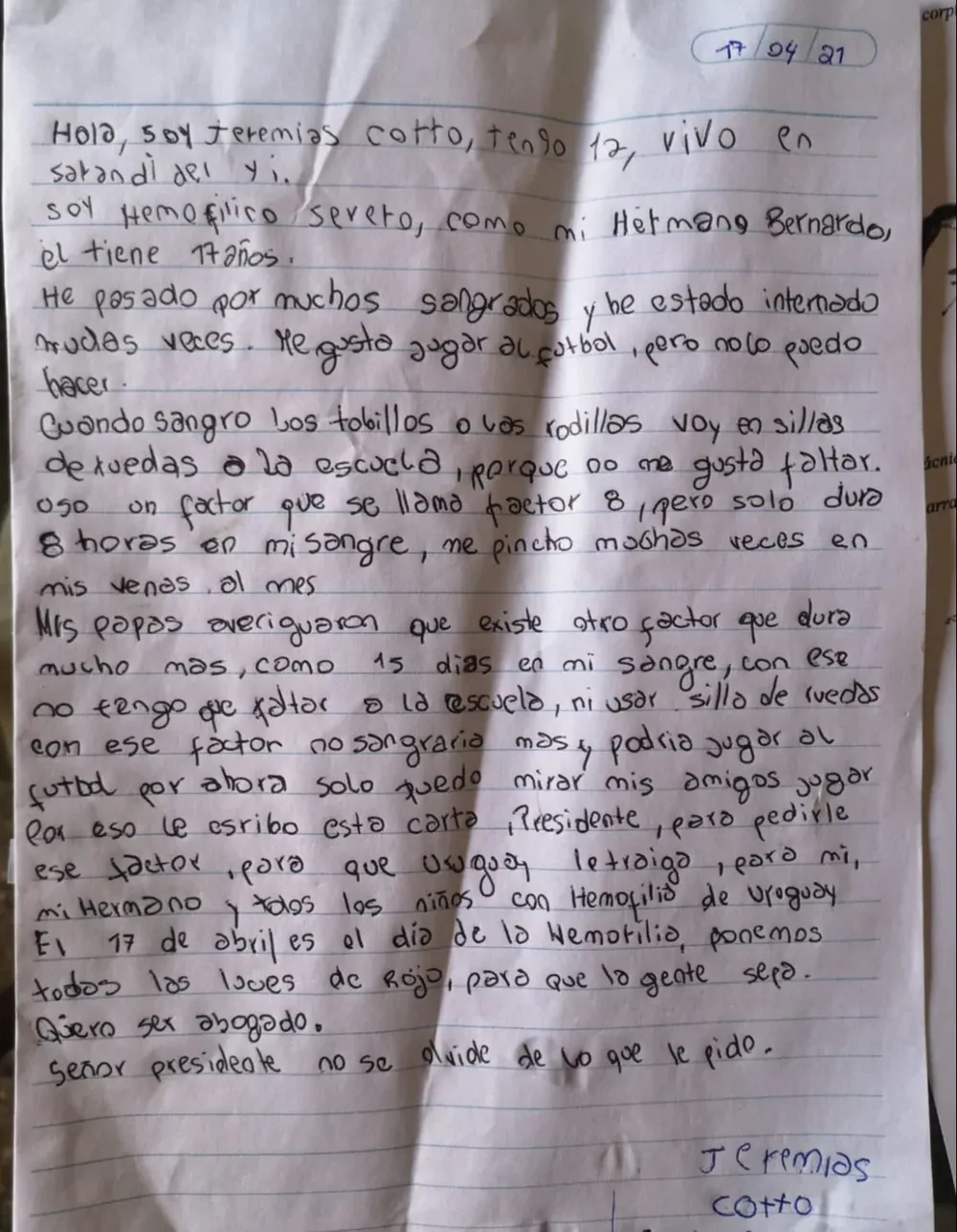 La carta de Jeremías al presidente Luis Lacalle Pou.