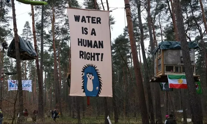Un grupo de activistas acampa para impedir que se talen los árboles del bosque cercano a la fábrica de Tesla de Grünheide, en Alemania