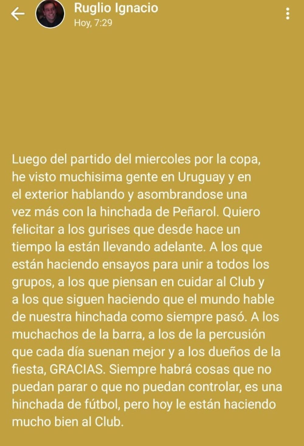 El saludo especial de Ignacio Ruglio a la barra de Pe&ntilde;arol tras el partido ante The Strongest por Copa Libertadores