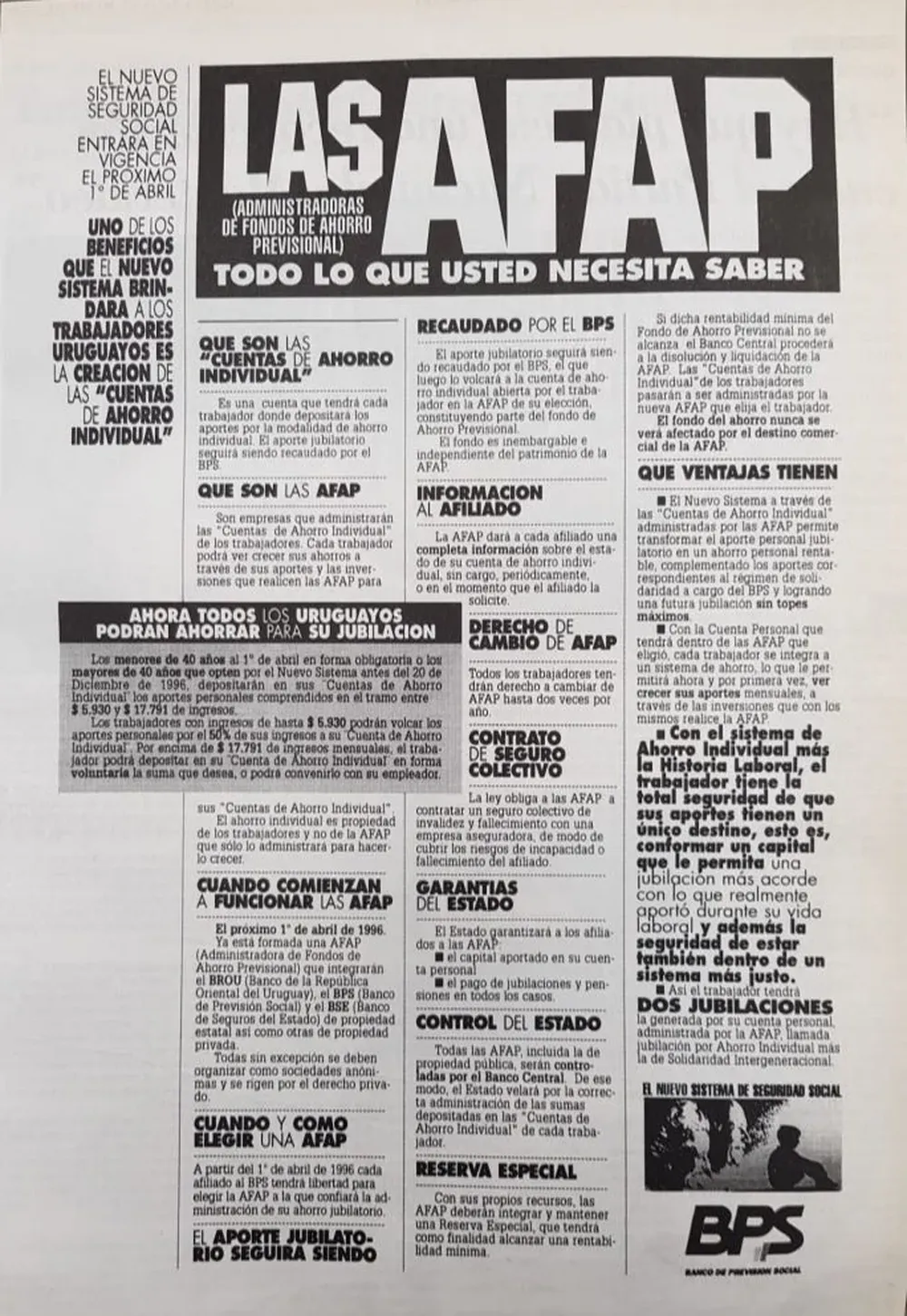 Anuncio explicativo del BPS sobre cómo funcionarían las recién creadas AFAP, publicado en 1996 en El Observador