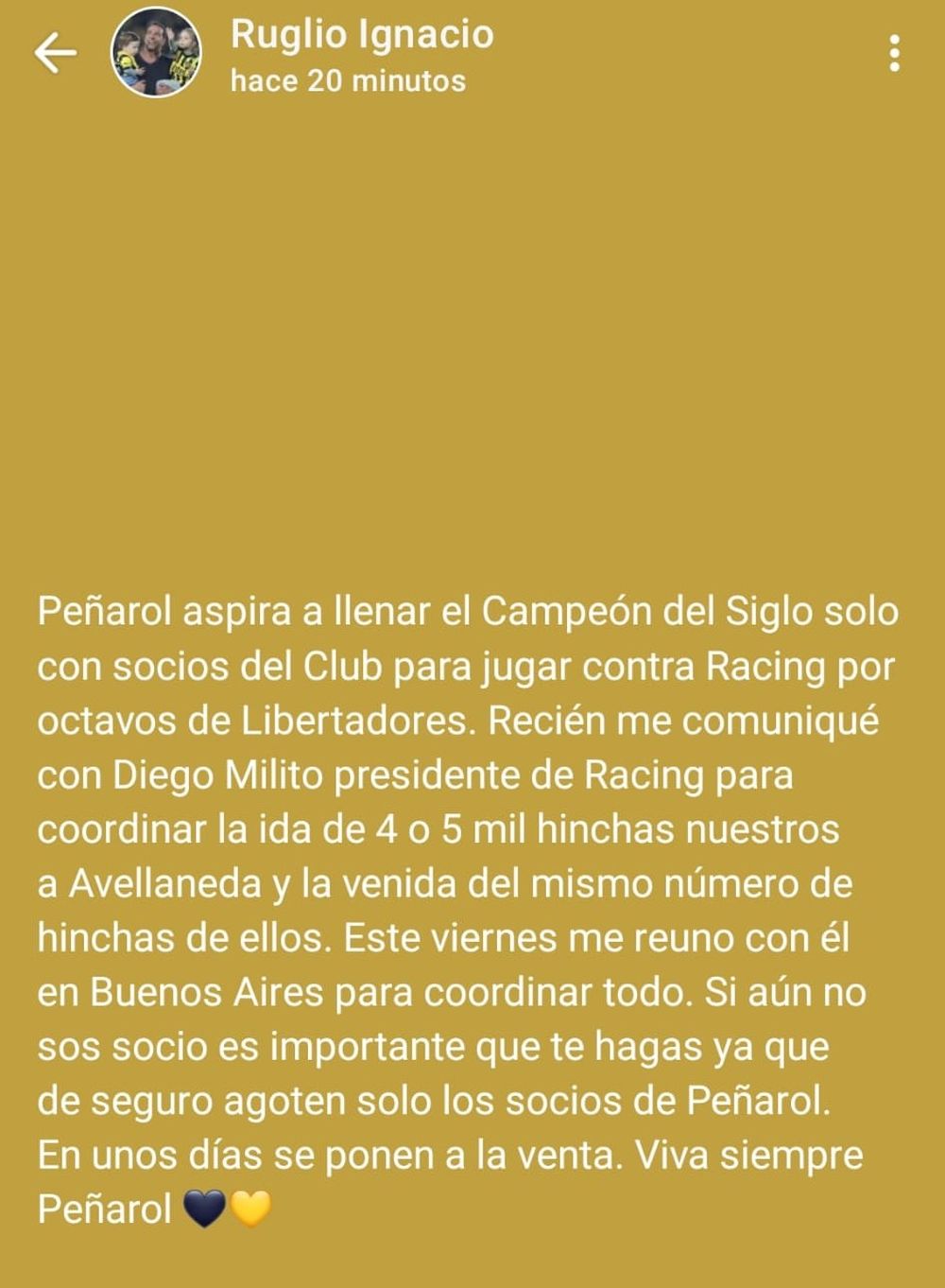 El posteo de Ignacio Ruglio respecto a los partidos de Peñarol ante Racing por Copa Libertadores El posteo de Ignacio Ruglio respecto a los partidos de Peñarol ante Racing por Copa Libertadores