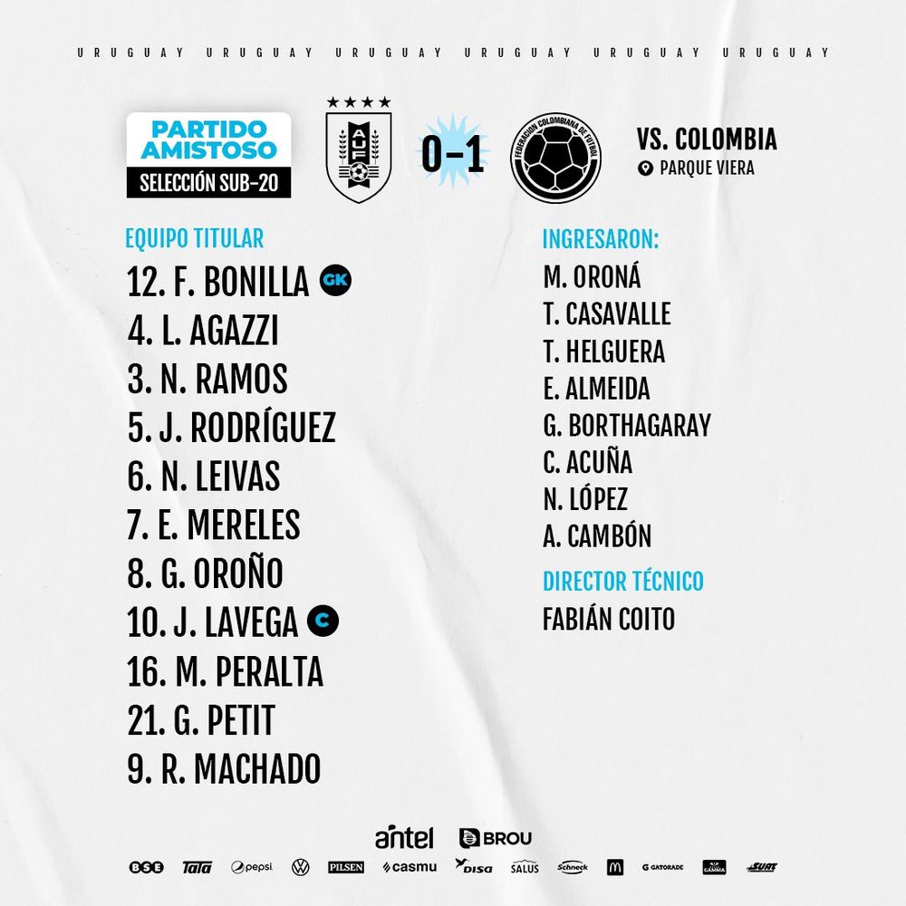 Equipo de Uruguay vs Colombia en el primer amistoso