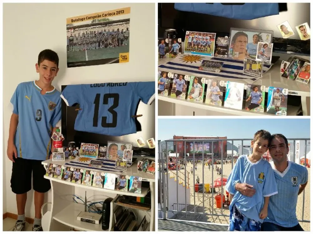 Felipe con sus objetos de Uruguay y con su padre en el Mundial 2010