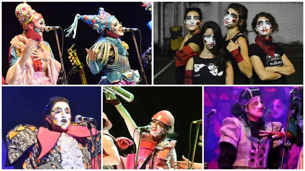 Integrantes de AC (J.Samuelle); La Mojigata (Instagram de la murga); VDLU (J.Samuelle); MQP (J.Samuelle) y Cayó la Cabra (Instagram de la murga, por Romina di Bartolomeo)