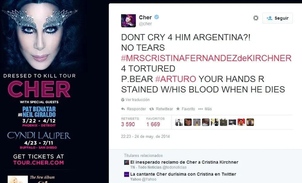 ¿No lloras por él Argentina? No hay lágrimas de Cristina Fernández de Kirchner por las torturas al oso polar Arturo. Sus manos estarán manchadas de sangre cuando él muera, tuiteó Cher