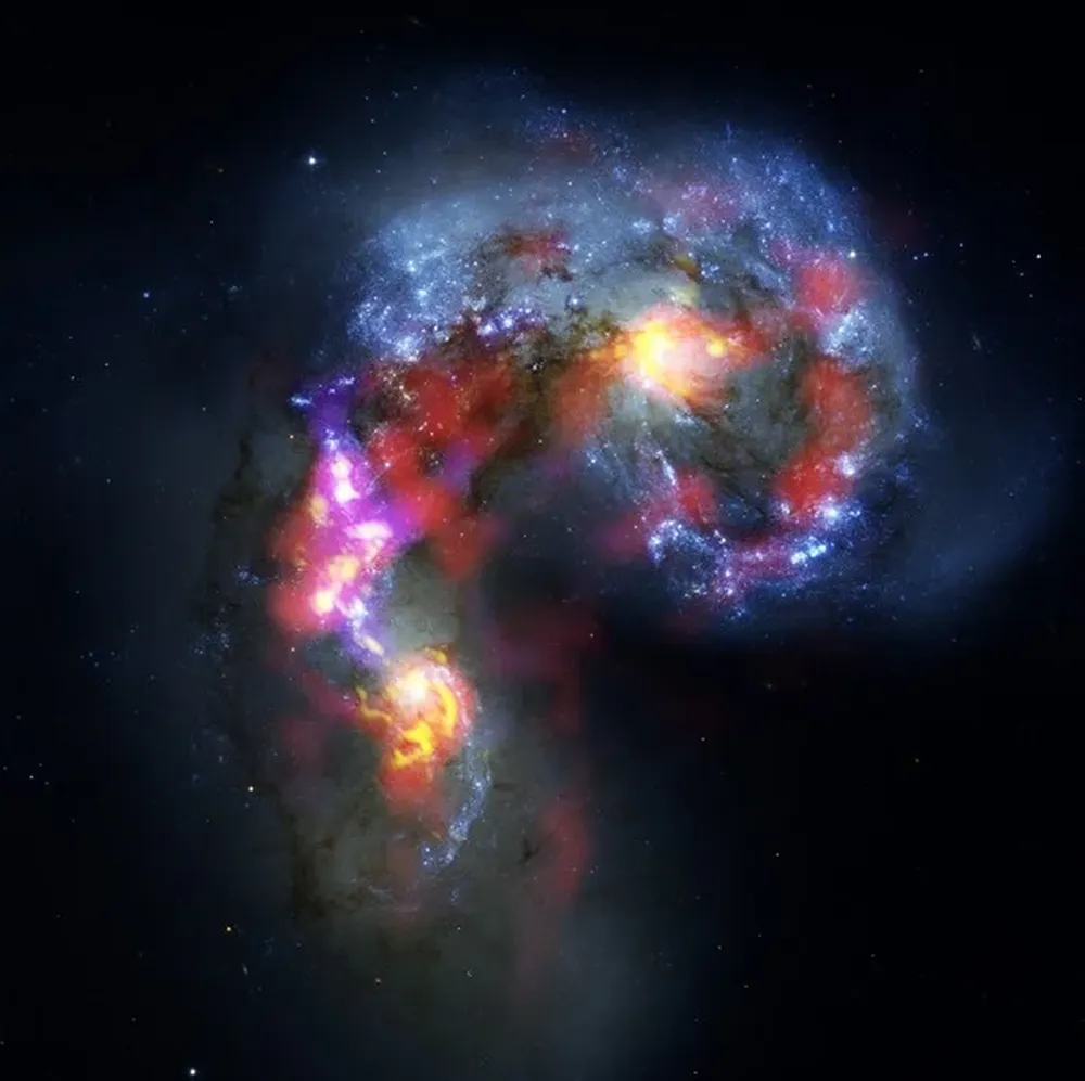 Las dos galaxias espiral en colisión llamadas Antena fueron registradas por ALMA. Se encuentran a 70 millones de años luz de la Tierra