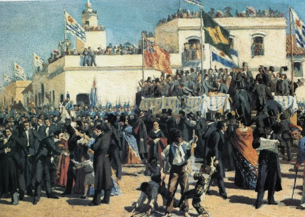 Banderas inglesas, brasileñas, argentinas y uruguayas en la Jura de la Constitución, según Juan Manuel Blanes.