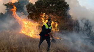 Un hombre se aleja del fuego en Molezuelas de la Carballeda, en Zamora.&nbsp;