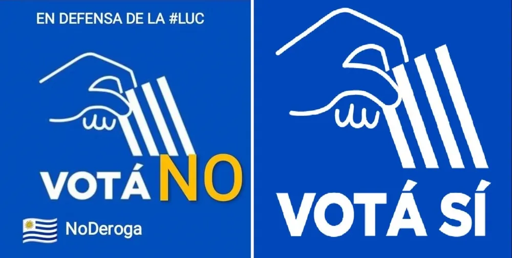 A la izquierda, el distintivo en defensa de la LUC; a la derecha, el distintivo de la Comisión por el Sí