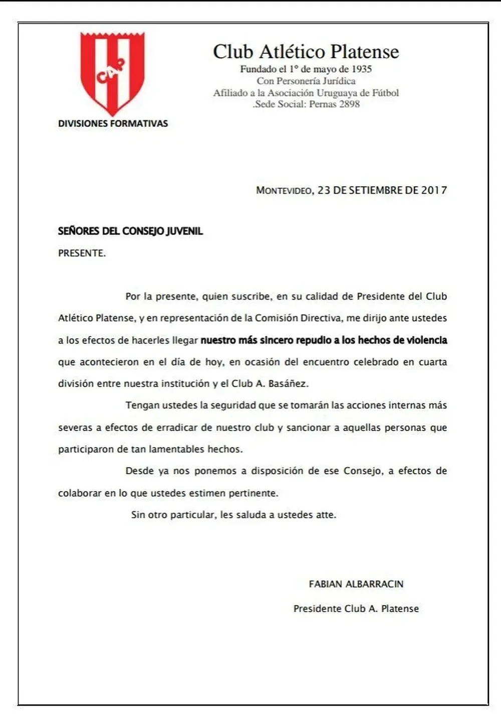 La carta de Platense a la AUF