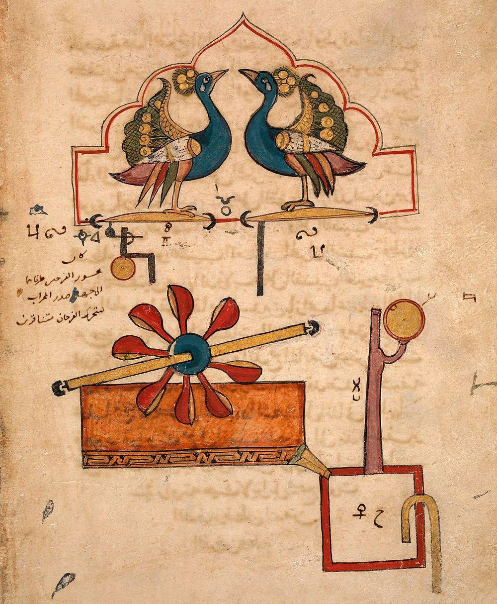 Diseño para el Reloj de Agua de los Pavos Reales, de "El Libro del Conocimiento de Ingeniosos Dispositivos Mecánicos" de Badi al-Zaman b. al Razzaz al-Jazari (1136-1206)