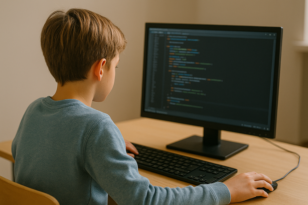 Niño programando en escritorio luminoso (1)