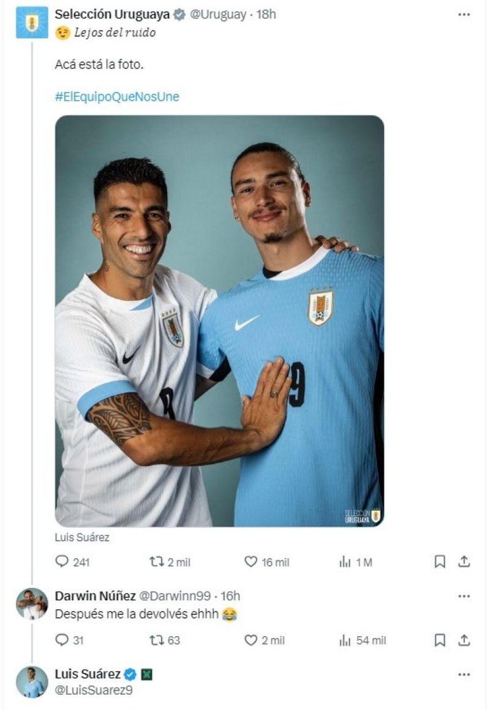 El posteo de la selecci&oacute;n de Uruguay y el di&aacute;logo que se dio entre Darwin N&uacute;&ntilde;ez y Luis Su&aacute;rez por el n&uacute;mero de la camiseta