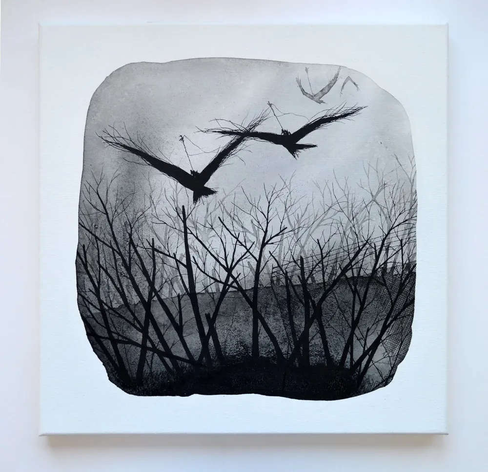 Tinta y café sobre lienzo, 40x40 cm. david de la mano