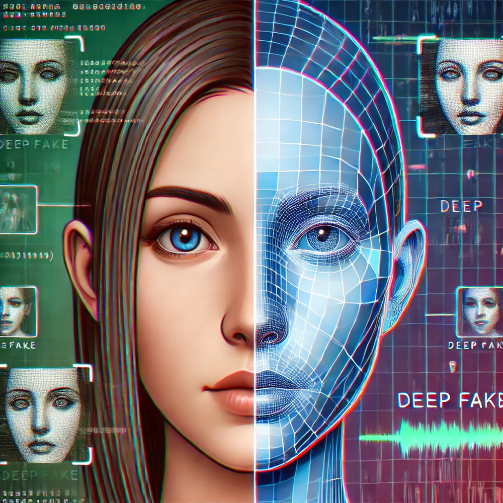 DALL·E 2024-10-21 13.58.38 - A deepfake illustration showing two versions of a persons face. One half is real, with natural skin texture, while the other half is artificial, slig.webp