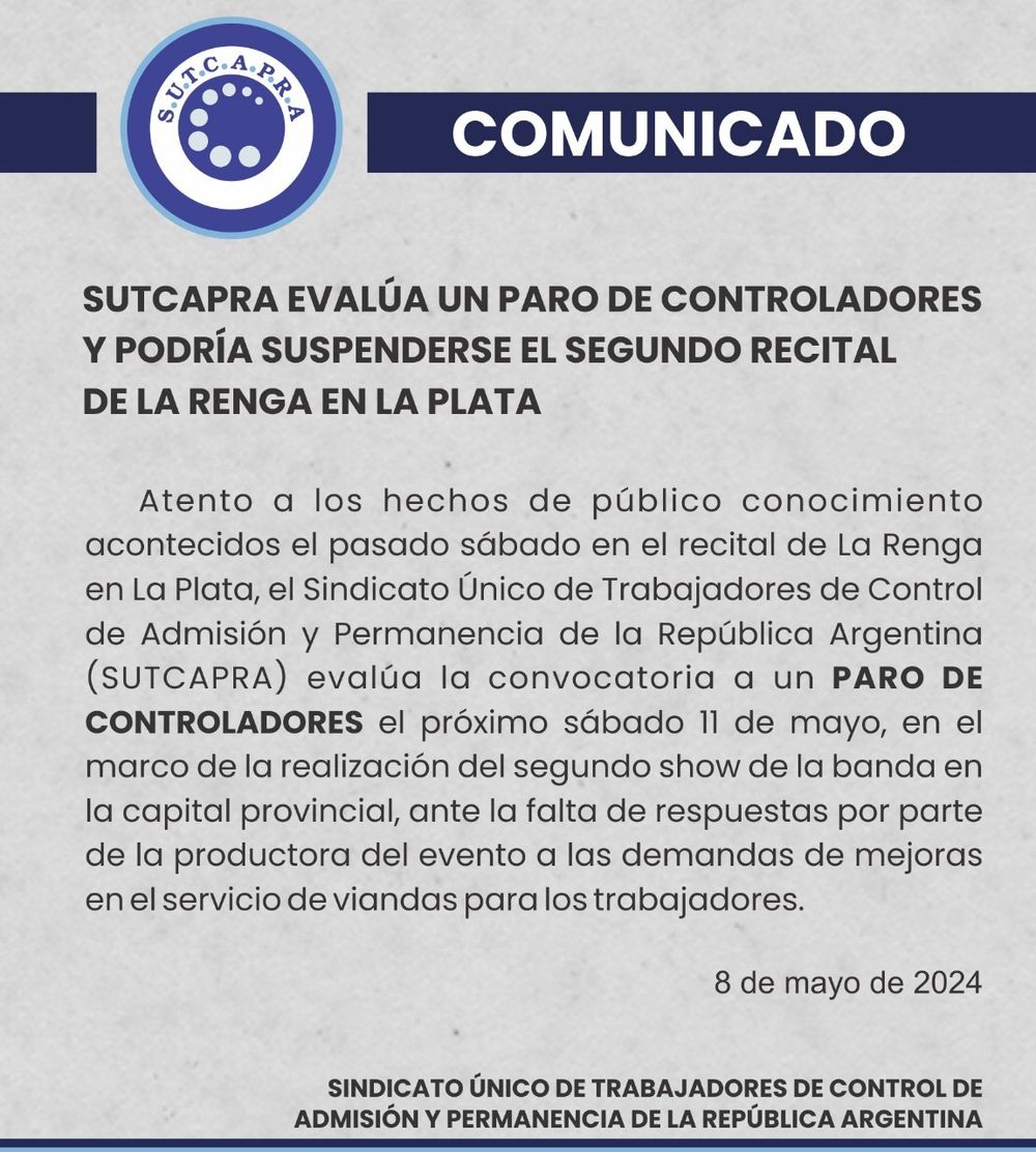 El comunicado del sindicato.