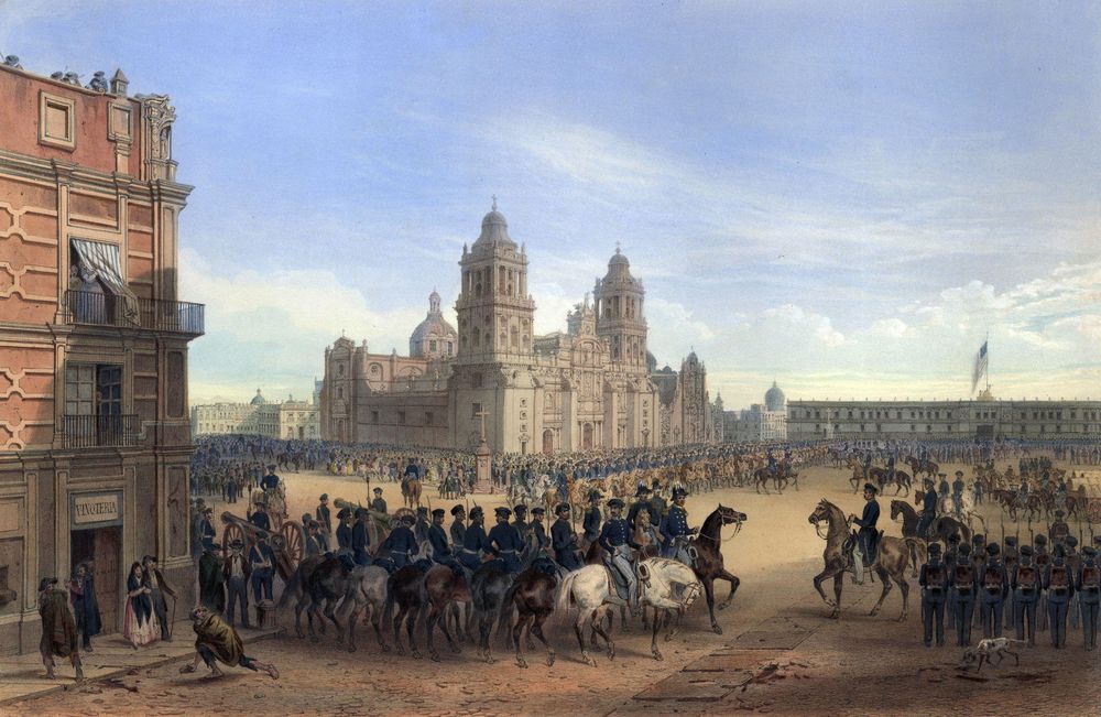 La entrada del general Scott al Zócalo de la Ciudad de México, con la bandera de EE.UU. izada en el Palacio Nacional.