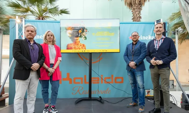 Jesús Prieto, CFO de Iberseries & Platino Industria, junto a Xiomara García, coordinadora de Film Madrid; Samuel Castro, codirector de Iberseries & Platino Industria, y Raúl Torquemada, director de Madrid Film Office, en la presentación en Málaga.