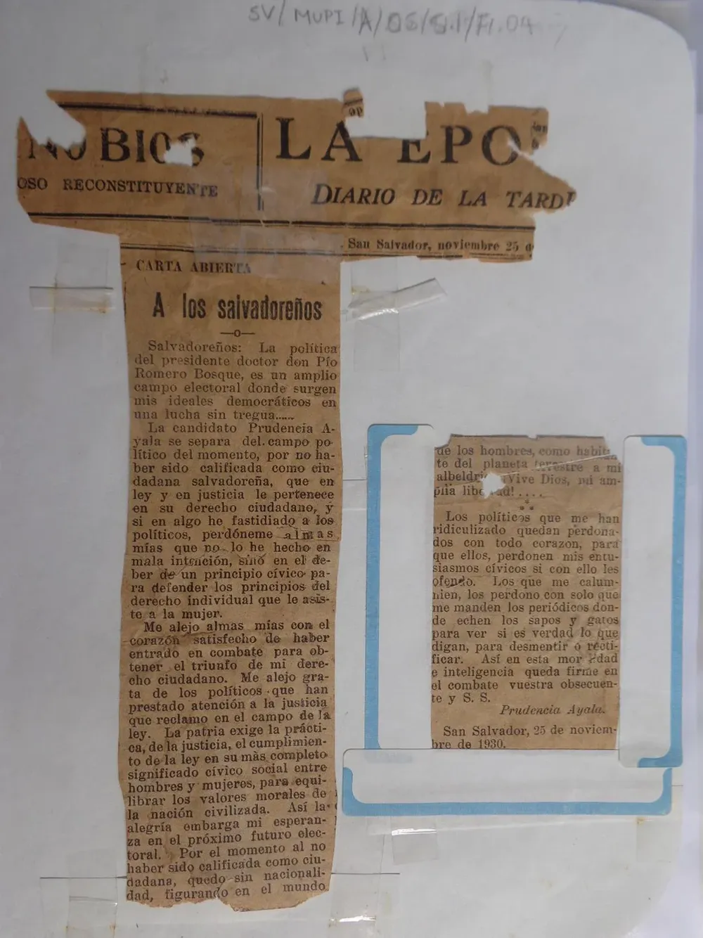 nullMe alejo grata de los políticos que han prestado atención a la justicia que reclamo en el campo de la leynull, escribió Prudencia Ayala en una carta abierta a los salvadoreños en 1930.