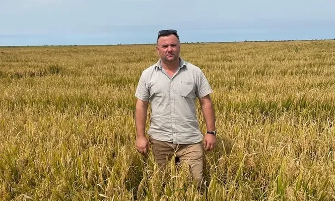 Karol Pinczak en su campo arrocero en Mones Quintela, en Artigas.
