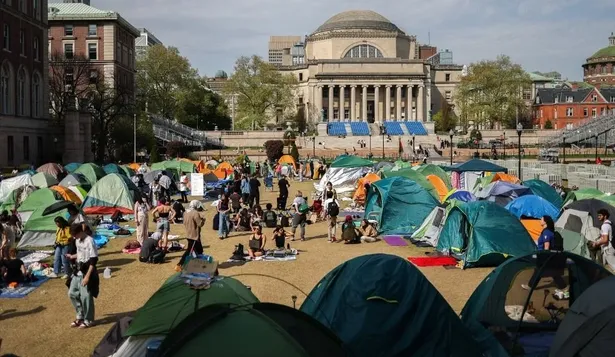 Cientos de estudiantes en un acampe en 2024 frente a la Universidad de Columbia como parte de su manifestación a favor de Palestina