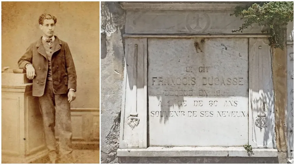 Izquierda: Isidore Ducasse, el Conde de Lautréamont; derecha: el nicho de su padre en el Cementerio Central