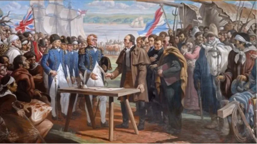 Artigas firma en 1817 un tratado de libre comercio con los ingleses para escapar del bloqueo de los portugueses y Buenos Aires. Óleo de José Luis Zorrilla de San Martín