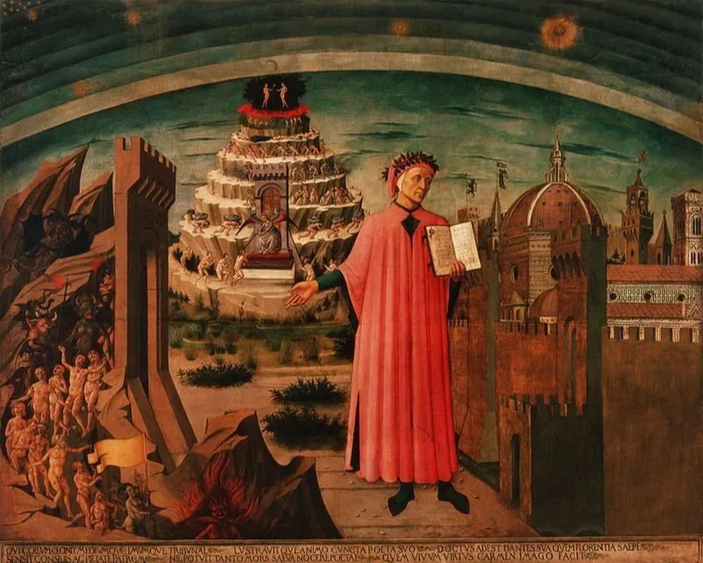 Alegoría de La Divina Comedia y Florencia de Domenico di Michelino. Dante sostiene su obra. A un lado está Florencia y al otro, una visión del infierno. Detrás de Dante, humanos que intentan ascender al cielo.