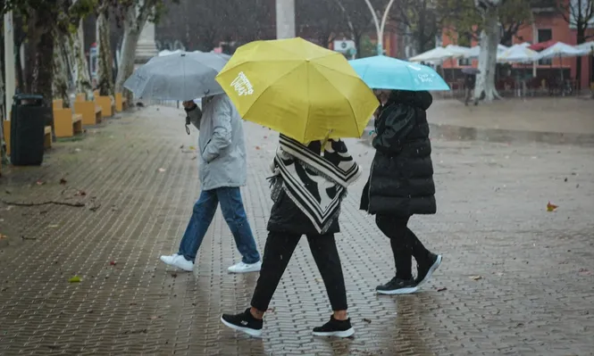 Tres personas se protegen de la lluvia con paraguas.