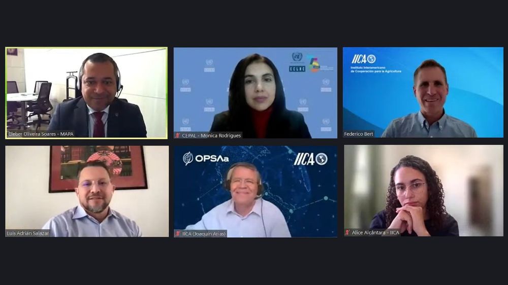 IICA: Cleber Oliveira Soares, Viceministro Adjunto en el Ministerio de Agricultura y Ganader&iacute;a de Brasil;&nbsp;Monica Rodrigues, de la Unidad de Desarrollo Agr&iacute;cola de CEPAL; Federico Bert, Gerente del Programa de Digitalizaci&oacute;n Agroalimentaria del IICA; Luis Adri&aacute;n Salazar, ex ministro de Ciencia, Tecnolog&iacute;a y Comunicaciones de Costa Rica;&nbsp;Joaqu&iacute;n Arias, especialista en Pol&iacute;ticas y An&aacute;lisis Sectorial Agr&iacute;cola del Instituto; y&nbsp;Alice Alcantara, especialista del&nbsp;&nbsp;Programa de Digitalizaci&oacute;n Agroalimentaria del IICA.