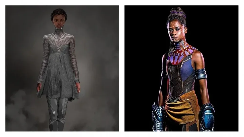 Shuri, la princesa y genia adolescente de Wakanda combina tradición y modernidad con influencias occidentales en un vestuario que cambia por prendas de combate hacia el final.
