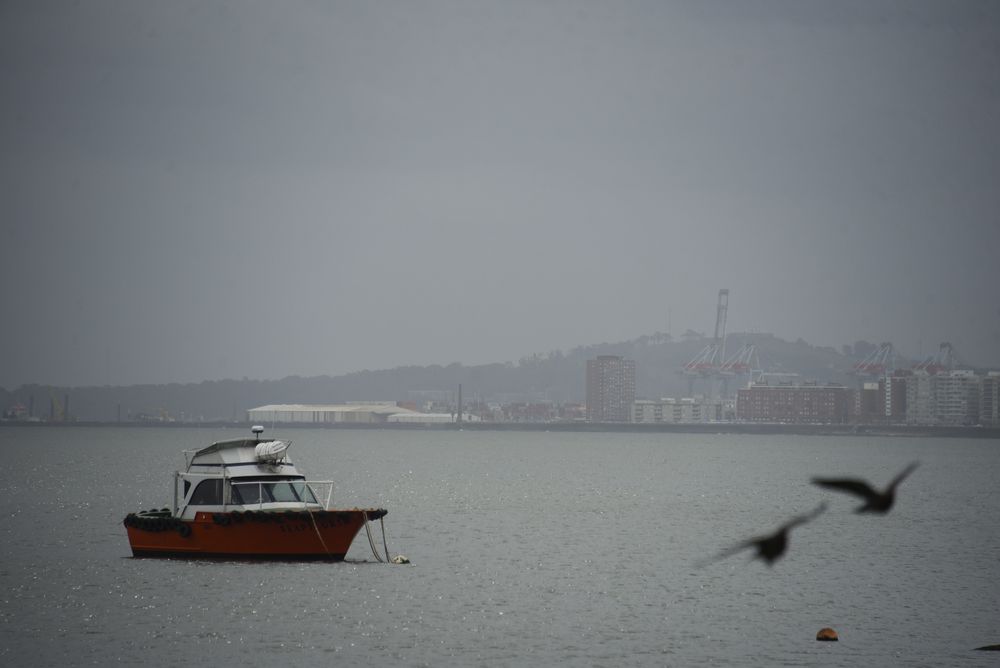 20241014 Vista de Montevideo, barco, embarcaciones, estado del tiempo, día nublado.