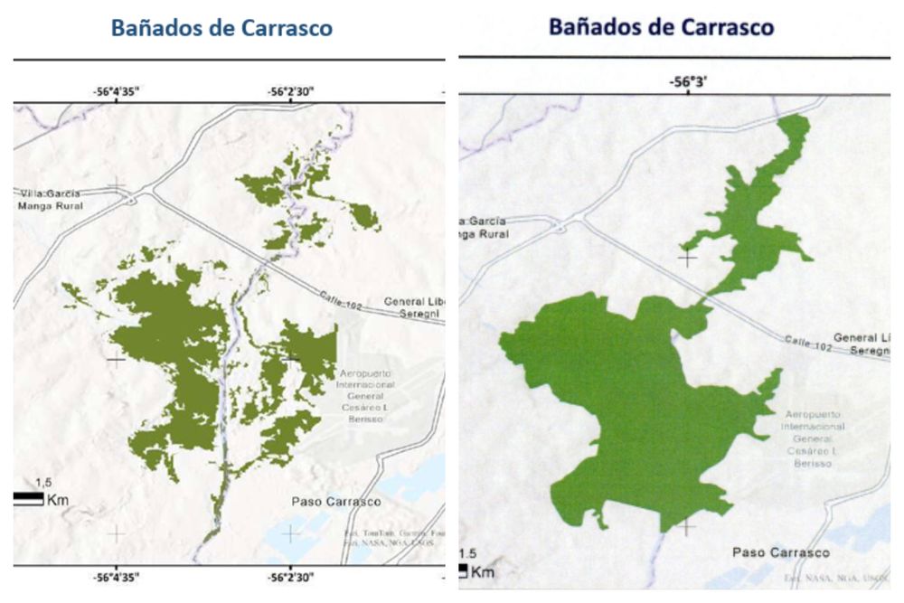 Área protegida de Bañados de Carrasco. A la izquierda, el primer proyecto del Ministerio de Ambiente. A la derecha, el proyecto aprobado por el gobierno