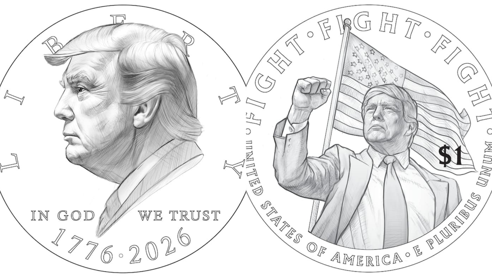 Borrador de la moneda de un dólar con la imagen de Donald Trump para conmemorar el 250 aniversario de la independencia del país.