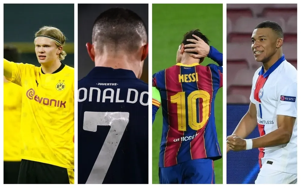 Erling Haaland, Cristiano Ronaldo, Lionel Messi y Kylian Mbappé