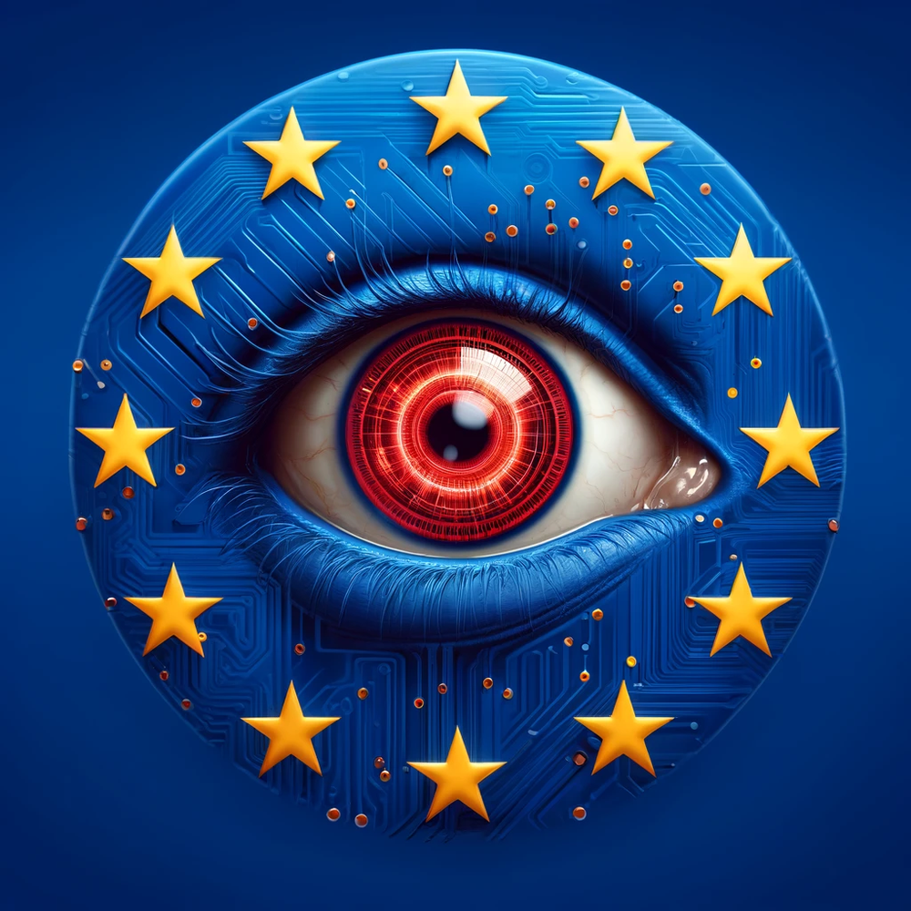 DALL·E 2024-05-11 16.31.42 - A version of the European Union flag featuring a highly realistic eye with a completely red iris, inspired by advanced technology. The flag maintains .webp