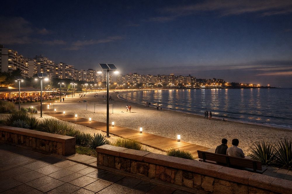 Render elaborado con IA sobre la playa Pocitos con iluminación. Creado por&nbsp; el edil colorado impulsor de la propuesta y cedido a El Observador