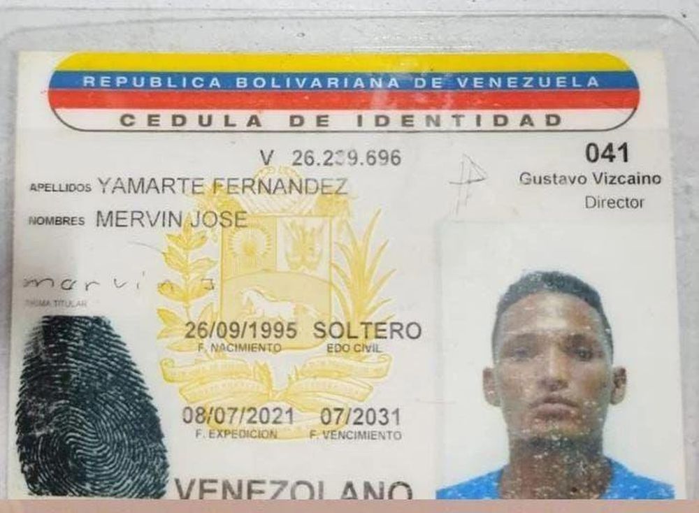 Copia a color de la cédula de identidad venezolana del joven Mervin Yamarte, deportado entre el sábado 15 y el domingo 16 de marzo de 2025 desde Estados Unidos a una megacárcel de El Salvador, suministrada por sus familiares.