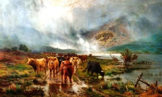 Cattle in a highland landscape, un óleo sobre tela del pintor Louis Bosworth Hurt