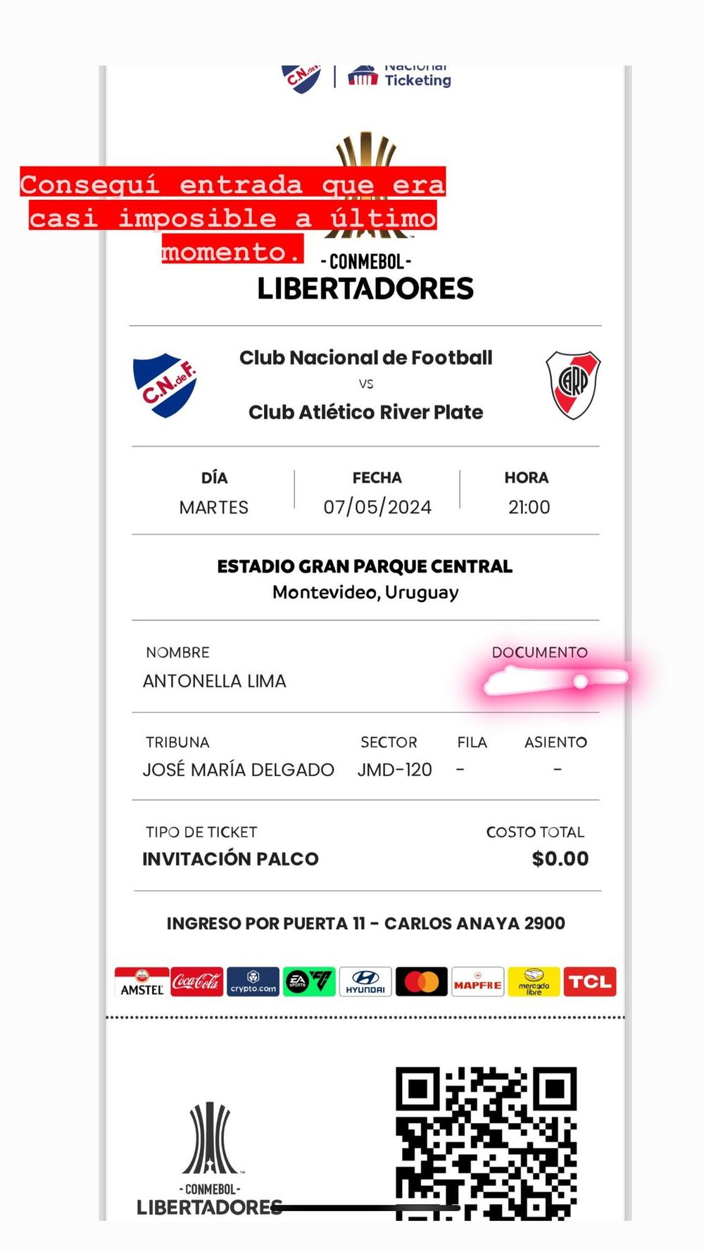 La entrada de Anto Lima al partido Nacional vs River Plate por Copa Libertadores