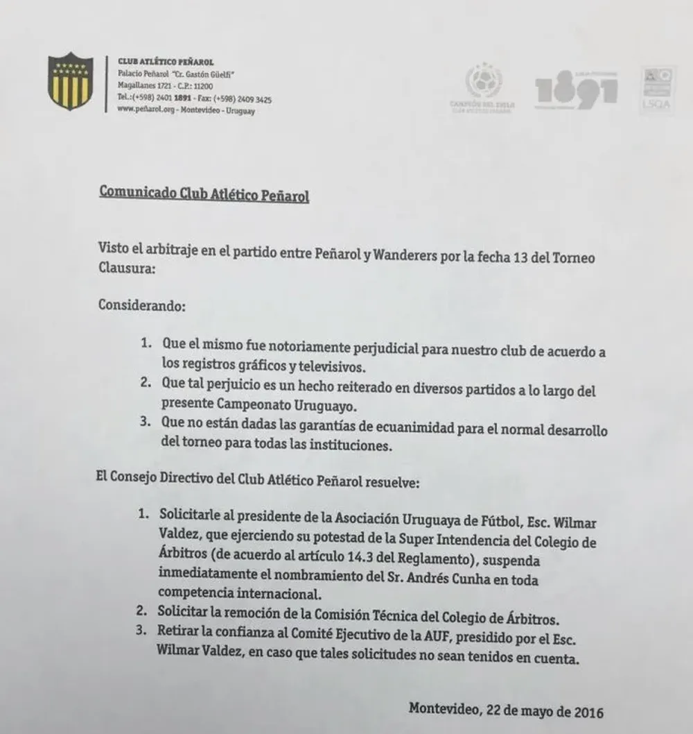 El comunicado de Peñarol en contra de Cunha