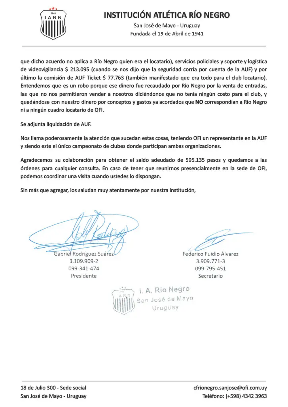 Comunicado de Río Negro de San José Comunicado de Río Negro de San José