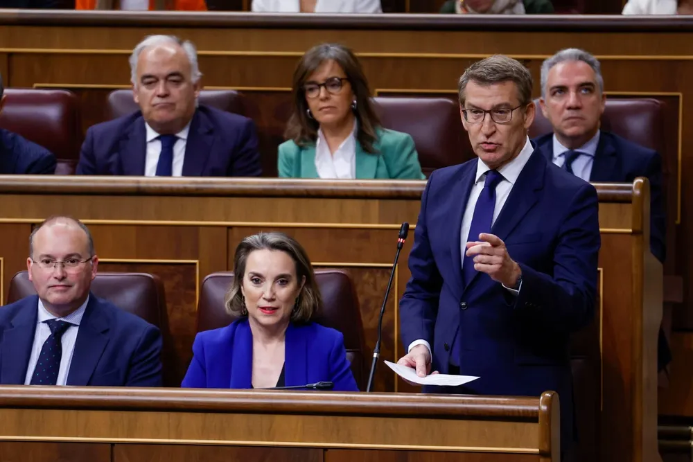 El líder popular, Alberto Núñez Feijóo (d), interpela al Gobierno durante la sesión de control al Gobierno este miércoles en el Congreso de los Diputados.