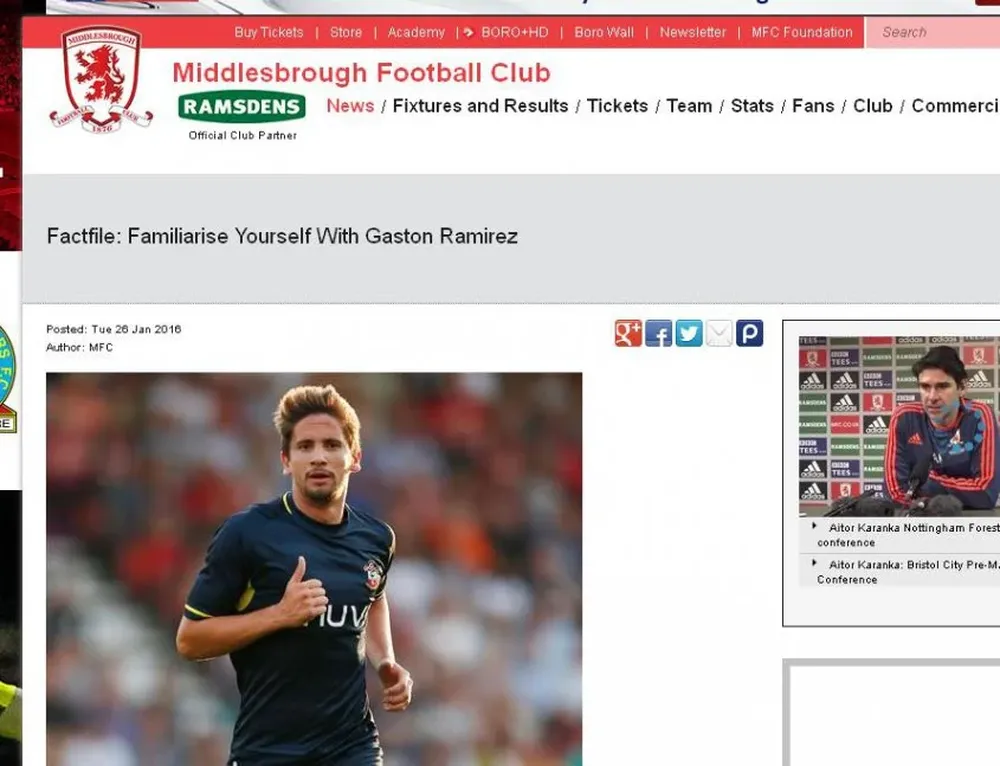 Middeslbrough confirmó fichaje de Gastón Ramírez
