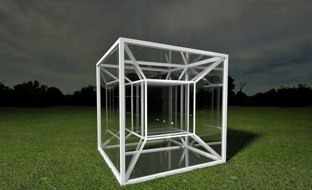 Un teseracto es un análogo en 4 dimensiones de un cubo, así como un cubo es un análogo tridimensional de un cuadrado. El modelo es una proyección teórica de un cubo de cuatro dimensiones sobre el espacio tridimensional.