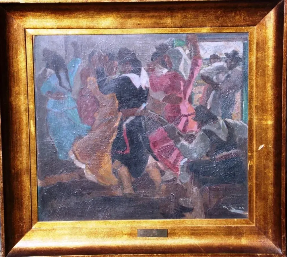 Polca en el rancho, óleo sobre madera firmado abajo a la derecha por el pintor Manuel Rosé