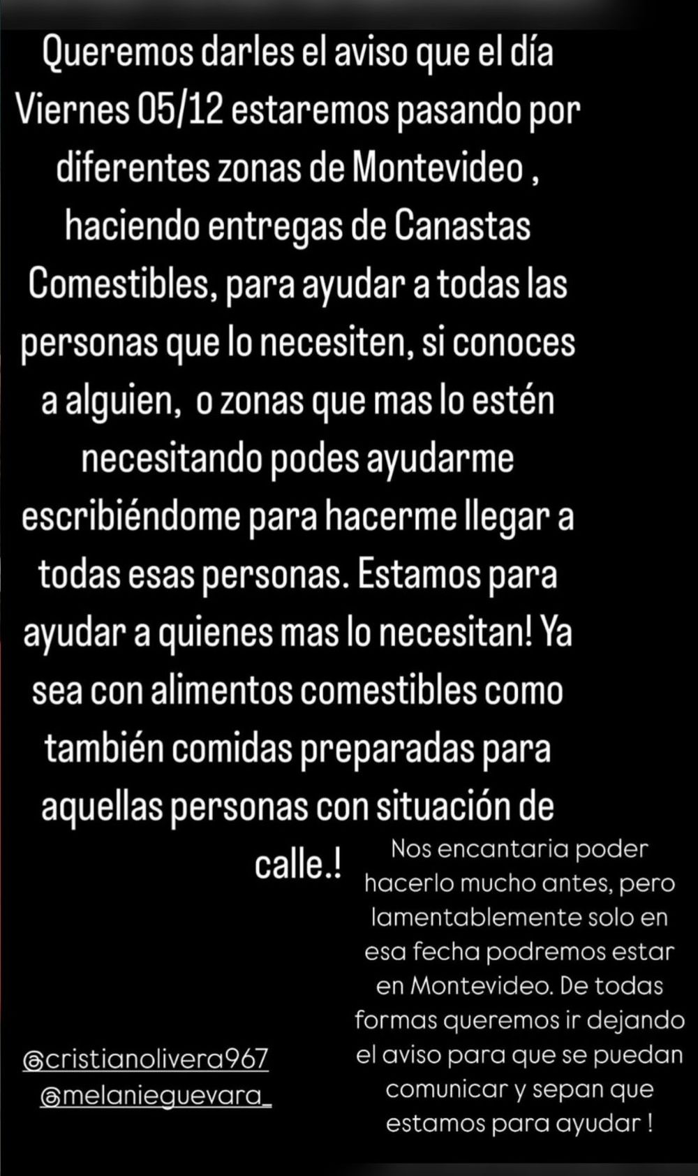 Kike Olivera y su pareja entregarán alimentos en distintos barrios de Montevideo